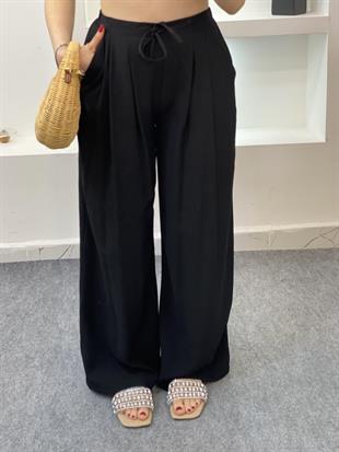 Siyah Lüx Kalite Arka Beli Lastikli Palazzo Pantolon 