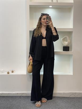 Siyah Lüx Kalite Arka Beli Lastikli Palazzo Pantolon 