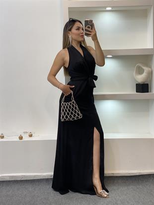 Siyah Maxi Boy Önü Bağlamalı Model Elbise