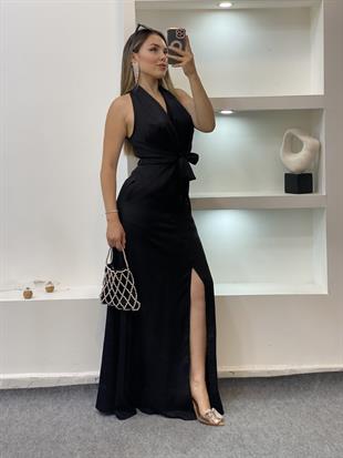 Siyah Maxi Boy Önü Bağlamalı Model Elbise