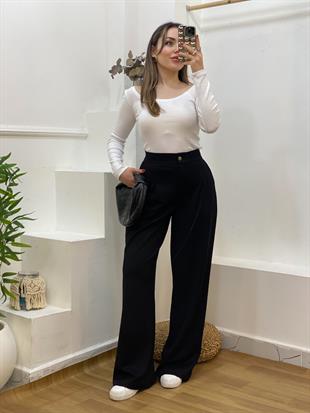 Siyah Modal Kumaş Arka Beli Lastikli Palazzo Pantolon 