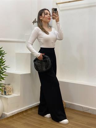 Siyah Modal Kumaş Arka Beli Lastikli Palazzo Pantolon 