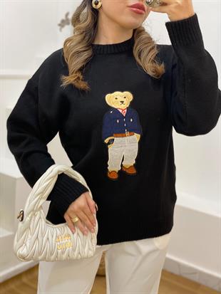 Siyah Nakış Detaylı Kazak