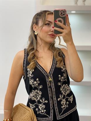 Siyah Nakışlı Yelek Etek Keten Takım