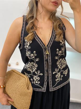 Siyah Nakışlı Yelek Etek Keten Takım