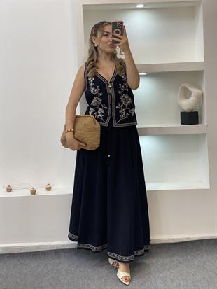 Siyah Nakışlı Yelek Etek Keten Takım