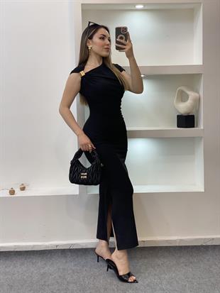 Siyah Omuz Gold Tokalı Elbise