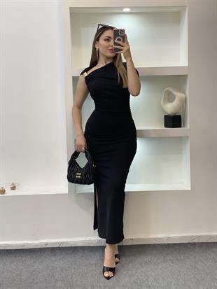 Siyah Omuz Gold Tokalı Elbise