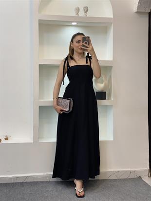 Siyah Omuzları Bağlamalı Keten Elbise