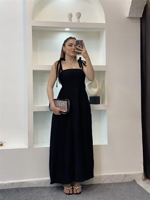 Siyah Omuzları Bağlamalı Keten Elbise