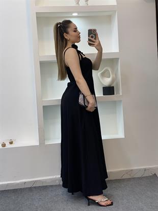 Siyah Omuzları Bağlamalı Keten Elbise