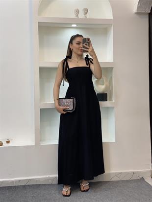 Siyah Omuzları Bağlamalı Keten Elbise