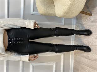 Siyah Önü Bağlamalı İçi Şardonlu Deri Tayt