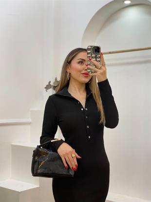 Siyah Önü Çıtçıtlı Ottoman Kumaş Elbise