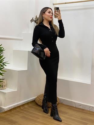 Siyah Önü Çıtçıtlı Ottoman Kumaş Elbise