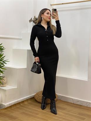 Siyah Önü Çıtçıtlı Ottoman Kumaş Elbise