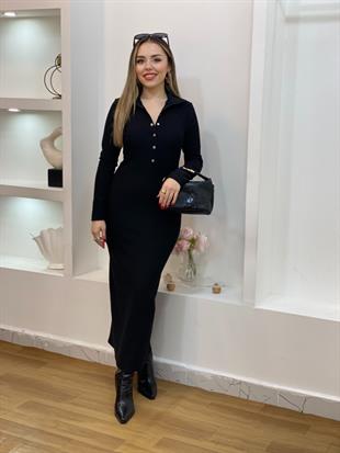 Siyah Önü Çıtçıtlı Ottoman Kumaş Elbise