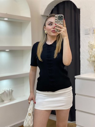 Siyah Önü Desenli Elit Triko Bluz