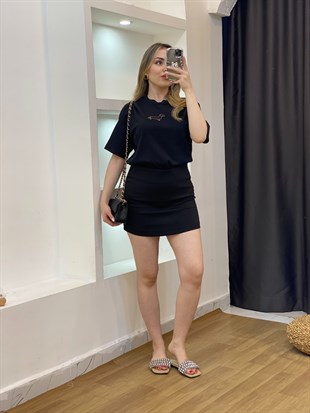 Siyah Önü Figürlü  Pamuklu Tshirt 