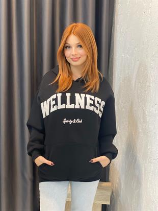 Siyah Önü Yazılı Kapşonlu Sweatshirt 