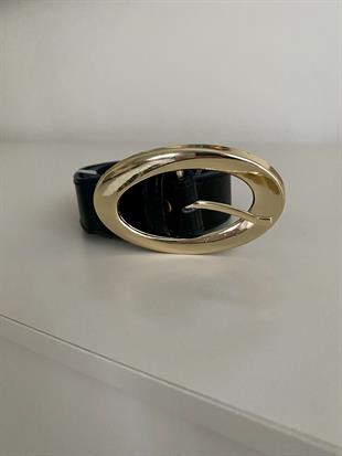Siyah Oval Gold Tokalı Deri Kemer
