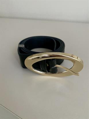 Siyah Oval Gold Tokalı Deri Kemer