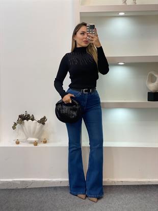 Siyah Parıltılı Taşlı Boğazlı Triko Bluz