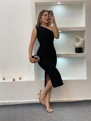 Siyah Parıltılı Taşlı Elbise