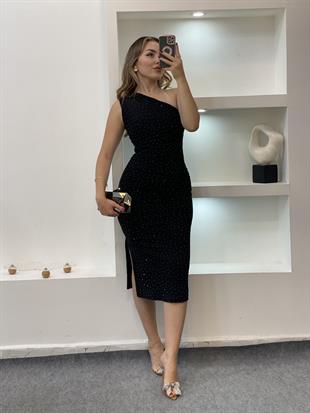 Siyah Parıltılı Taşlı Elbise