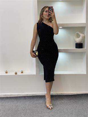 Siyah Parıltılı Taşlı Elbise