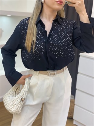 Siyah Parıltılı Taşlı Gömlek 