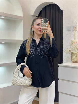 Siyah Parıltılı Taşlı Gömlek 