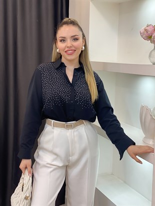 Siyah Parıltılı Taşlı Gömlek 
