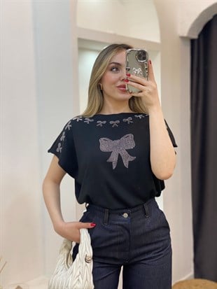 Siyah Parıltılı Taşlı Merserize Triko Bluz