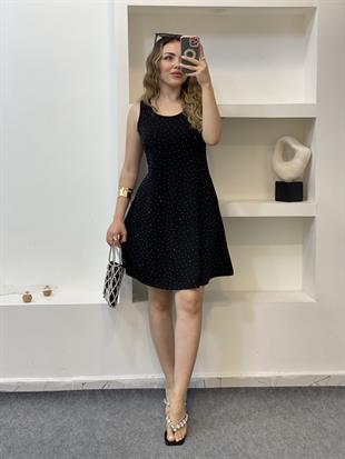 Siyah Parıltılı Taşlı Modal Kumaş Elbise 