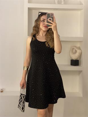Siyah Parıltılı Taşlı Modal Kumaş Elbise 