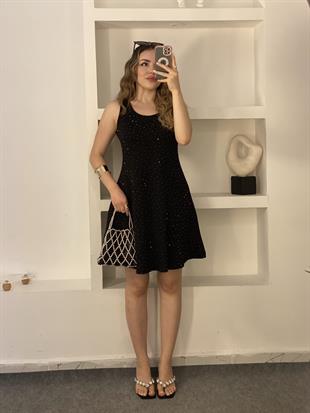 Siyah Parıltılı Taşlı Modal Kumaş Elbise 