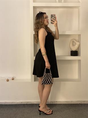 Siyah Parıltılı Taşlı Modal Kumaş Elbise 