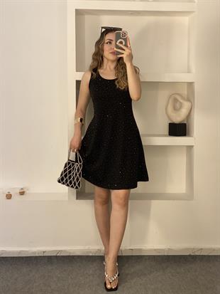 Siyah Parıltılı Taşlı Modal Kumaş Elbise 