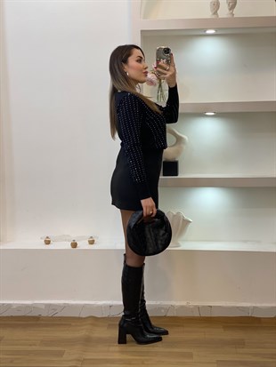 Siyah Parıltılı Taşlı Triko Bluz