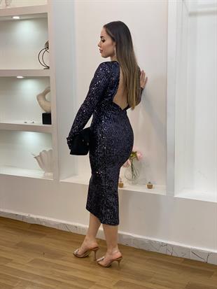 Siyah Payetli Sırt Dekolteli Parıltılı Elbise