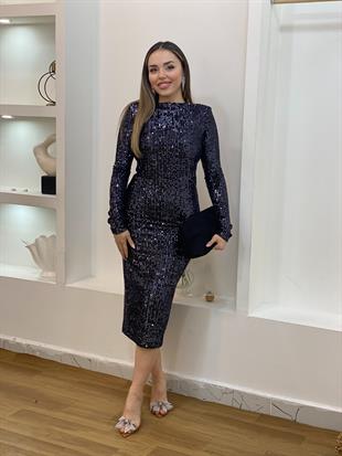 Siyah Payetli Sırt Dekolteli Parıltılı Elbise