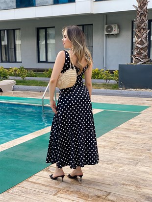 Siyah Piliseli Model Puantiye Desenli Likralı Scuba Elbise