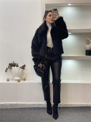 Siyah Premium Fermuarlı Kürk