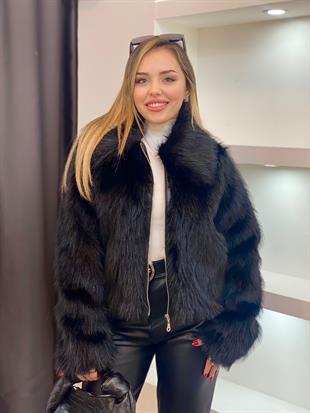 Siyah Premium Fermuarlı Kürk