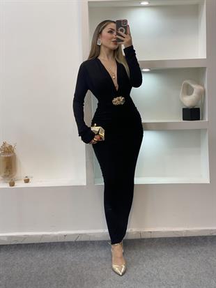 Siyah Premium Kalite Gold Broşlu Elbise
