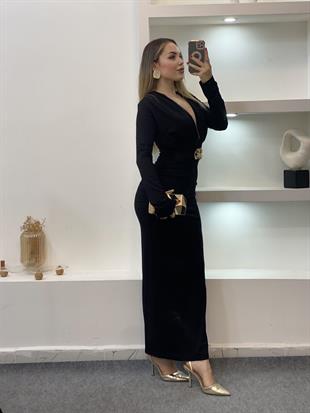 Siyah Premium Kalite Gold Broşlu Elbise