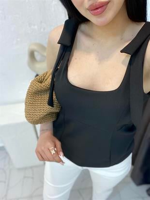 Siyah Premium Kalite Omuz Fiyonk Detaylı Bluz