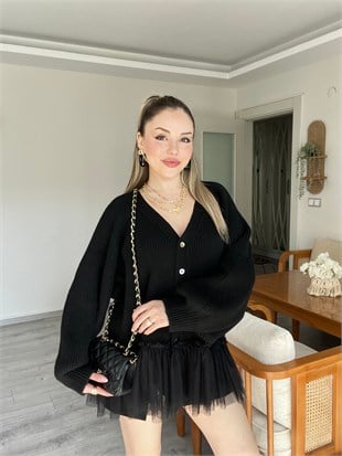 Siyah Premium Kalite Tül Detaylı Hırka