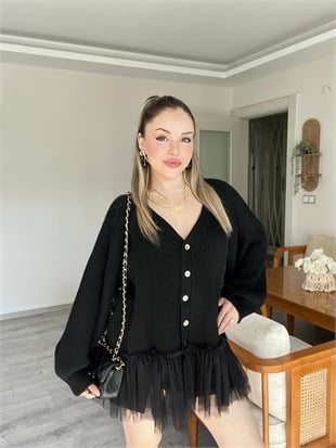 Siyah Premium Kalite Tül Detaylı Hırka